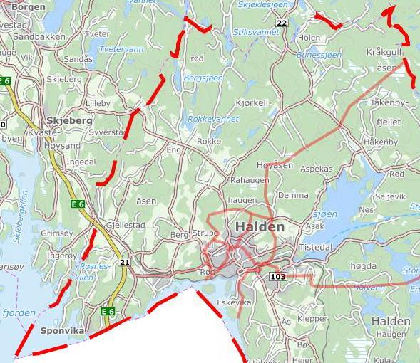 B) Rødsberg ungdomsskole/sentrum (Berg, Gimle, Os og mottaksklasser) Berg skole: Nord: grense med stiplet linje mot Rakkestad Nord-vest: grense med stiplet linje mot Sarpsborg Nord-øst: grense med