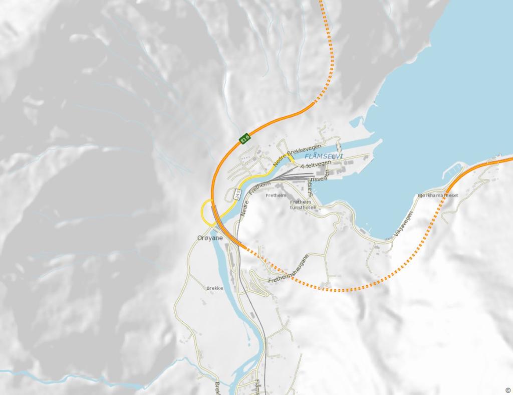 Figur 3.5: Vegsystema og jernbanen.(kjelde: vegkart). Trafikken til og frå området vert i stor grad styrt av kapasiteten på Flåmsbana og aktivitetstilbodet på fjorden.