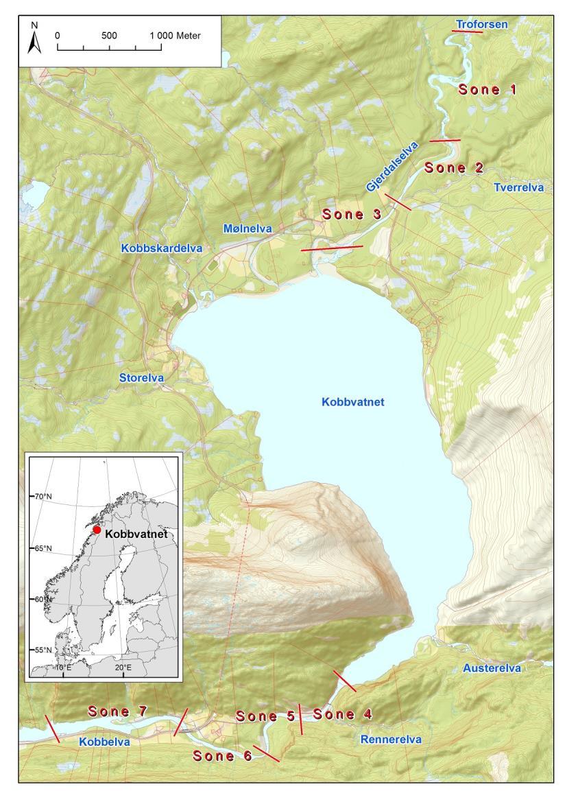 Figur 5. Oversikt over soneinndeling ved drivtelling av gytefisk i Gjerdalselva og Kobbelva 2013-2015. 4.