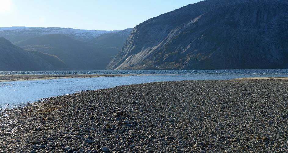 Figur 33. Utløpet av Gjerdalselva i Kobbvatnet. Merk den smale bremmen av sand midt i bildet. Foto: Jo Vegar Arnekleiv 6.2.