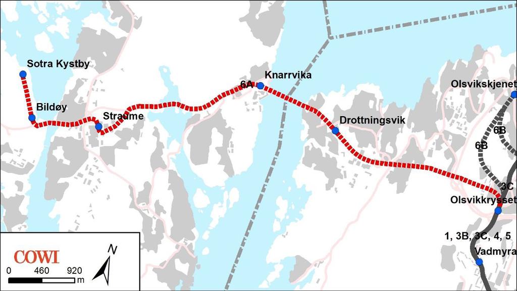 Korridor 6 Storavatnet-Sotra Kystby/Kleppestø Det er belyst to mulige traser videre vestover fra Storavatnet terminal, henholdsvis via Straume til Sotra Kystby (korridor 6A) og via Olsvikskjenet til