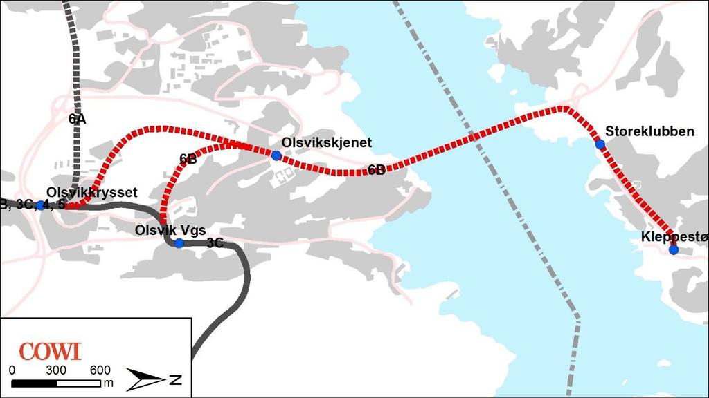 Figur 13 Oversikt over eksempel-linjeføring for bybane i korridor 6A til Fjell/Sotra Kystby Figur 14 Oversikt over eksempel-linjeføring for bybane i korridor 6B til Askøy/Kleppestø En bybane til
