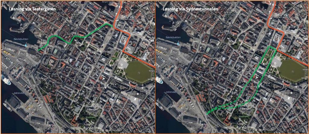 Figur 5 Eksempel på trasé i korridor 1 Spelhaugen-Loddefjord-Storavatnet Korridor S Sentrum Korridoren gjennom sentrum har blitt analysert i et eget delprosjekt til