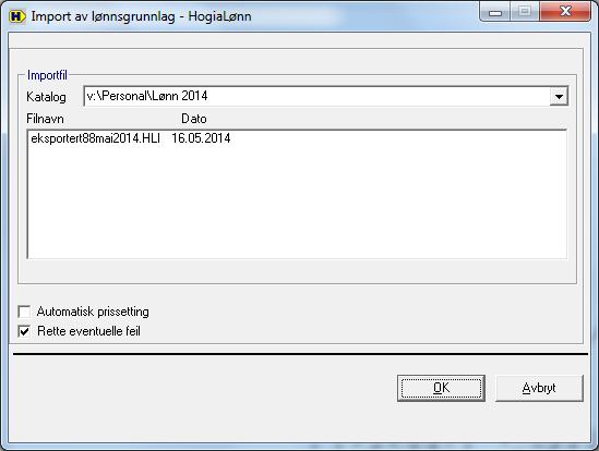 7 Import av reiseregning i HogiaLønn Import av fil Gå inn i lønnssystemet og velg Import av lønnsgrunnlag under Arbeide med. HogiaLønn vise hvilke filer som finnes i katalogen for import.