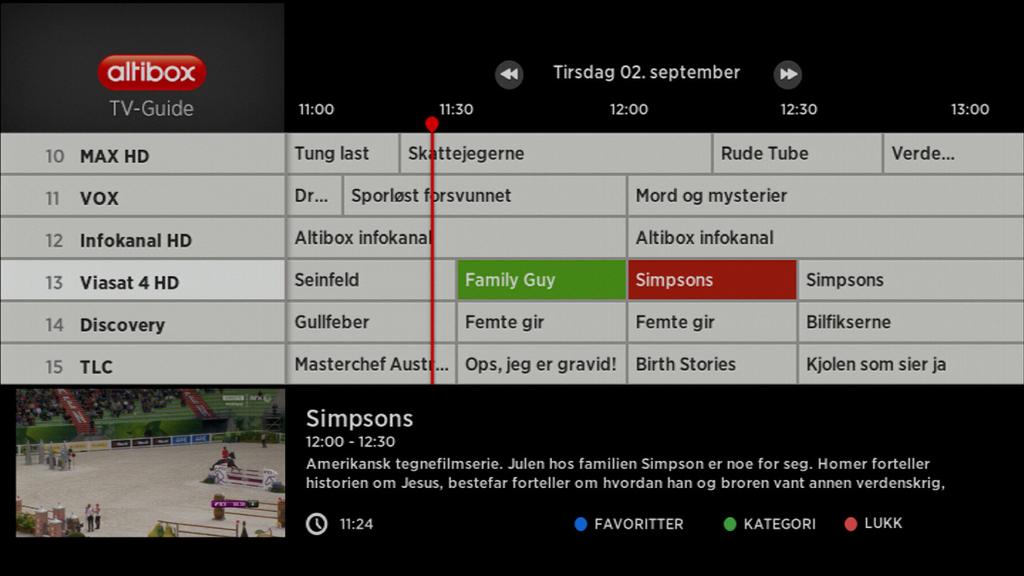 Altibox TV 5 Opptaksdekoder Opptak via tv-guide Trykk grønn knapp på fjernkontrollen for å gå inn på tv-guiden eller trykk tv-guide på fjernkontrollen.