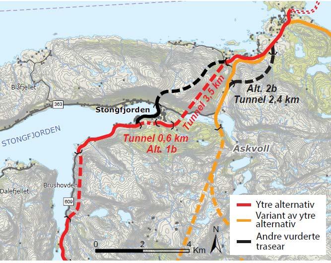Delstrekning 3 Stongfjorden Utfordringar Slyng opp mot Osland Høge skjeringar vest for Stongfjorden To alternativ er vurdert Svart linje