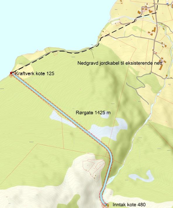 Side 2 av 7 HOGAFOSSEN Haugaelva kraftverk Nedstrøms inntaket, mot Utigardstølen Ved inntaket vil det bli bygt ein dam i betong med bredde ca. 20 meter og høgde 2 meter.