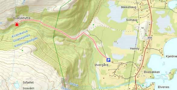 SJOLLIHYTTA (ČOLLI) Lengde: 3 km Koordinater: 34W 0466423/7712664 N69 31.244 Ø20 8.404 Hytta ligger i Kvalvikdalen.