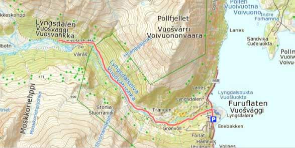 Følg veien ca. 1,5 km til ei bru over Lyngsdalselva, gå over denne og ta av første sti til venstre. Det er ca.