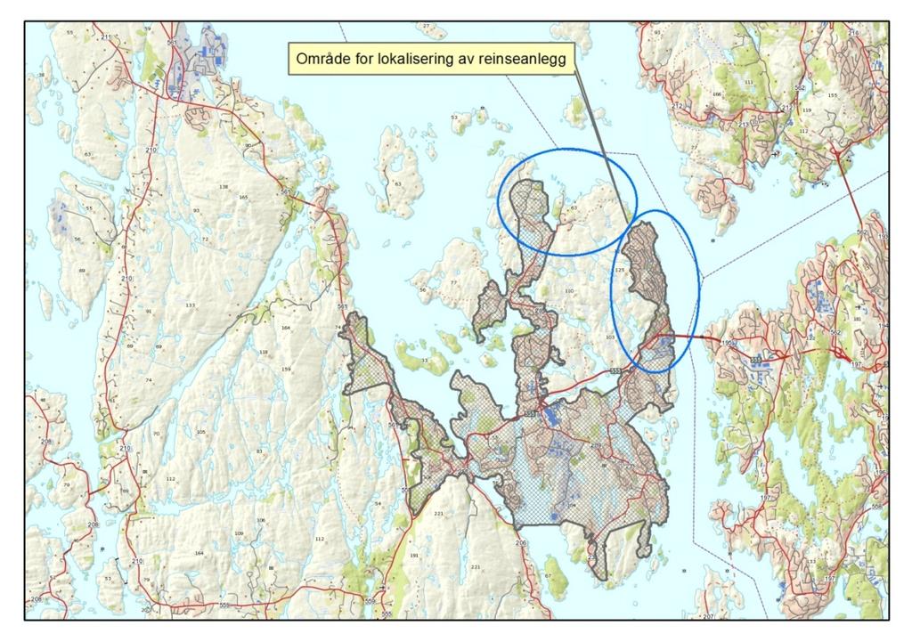 Figur 1: Tettbygd område etter forureiningsforskrifta med område for nytt hovudavlaupsreinseanlegg.