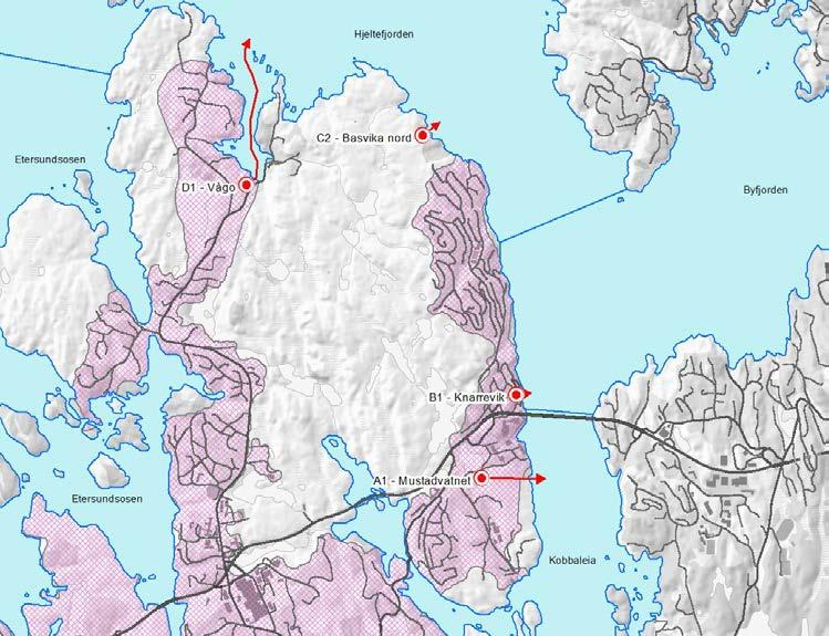 Figur 2: Aktuelle lokalitetar for hovudavlaupsreinseanlegg med utsleppstad, fjordkatalogen. Tabell 1: Investeringar, kostnader samt prognose for årsgebyr for einebustad. Kostnadstall per mai 2012.