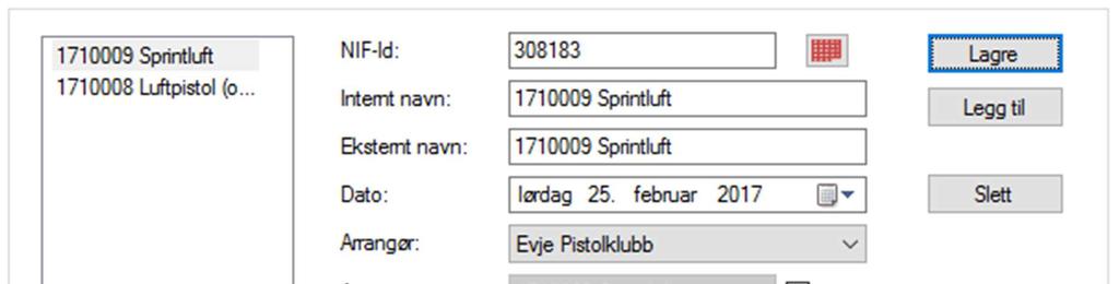 2:6 Opprette stevne Deretter må det opprettes et stevne. Fyll inn NIF-Id og gi stevnet et navn. Internt og eksternt navn kan gjerne være navnet slik det vises i terminlistene.