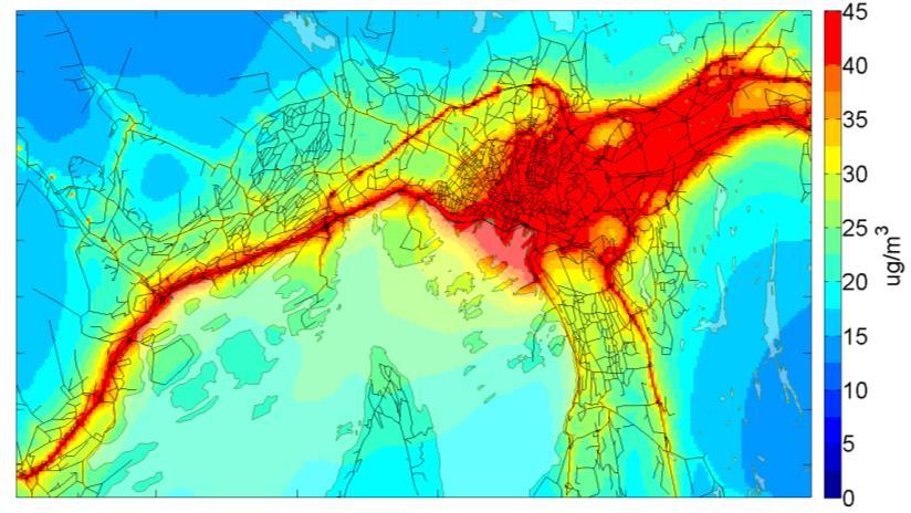 NO 2 årsmiddel konsentrasjoner (Grenseverdi = 40 µg/m 3 dvs røde felter er områder med