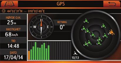 2.5 GPS-SIDE Trykk på et punkt på kartet for å aktivere skjermen, og trykk deretter på GPSstatusboksen. GPS-siden er tilgjengelig også fra Turoversikt-siden og Full info-siden.
