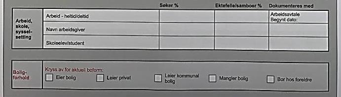 Dersom du har arbeid, går på skole eller er i tiltak, skriver du det inn her. Er du gift/samboer skrives ektefelle/samboers opplysninger her også.