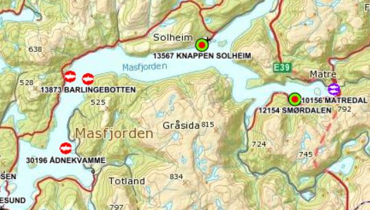 Figur 2: Lokalitetane i Masfjorden i dato. Skjermdump frå Yggdrasil (kart.fiskeridir.