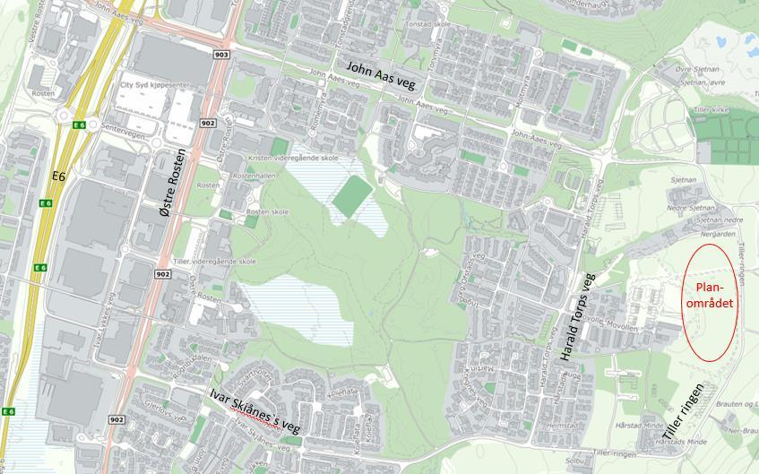 Planområdet ligger på Tiller Øst, cirka 8 km sør for Trondheim sentrum og 1 km (i luftlinje) fra City Syd/Tiller bydelssenter. Det er ingen bebyggelse innenfor planområdet i dag.