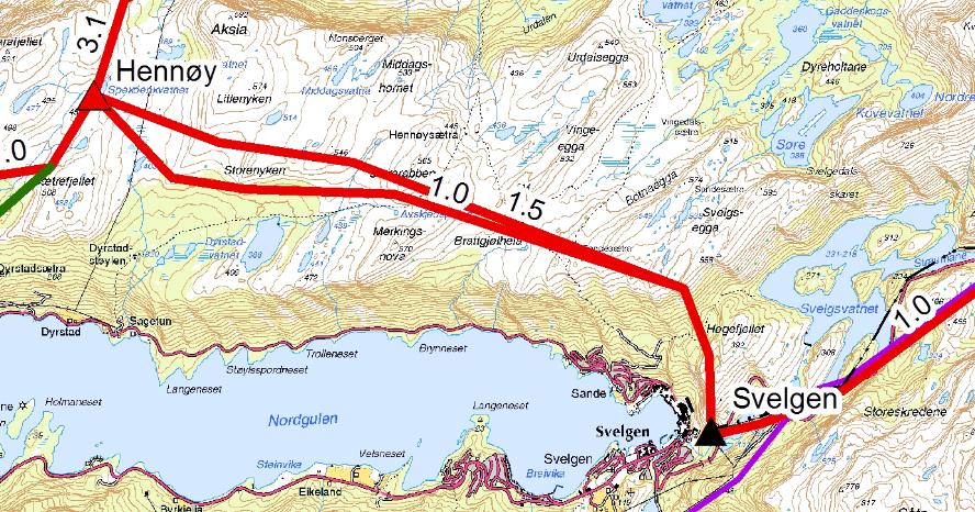 Side 2 Kartutsnitt over omsøkte traseer fra Hennøy til Svelgen. Kart utarbeidet av SFE Nett AS til søknad av 7. januar 2013.