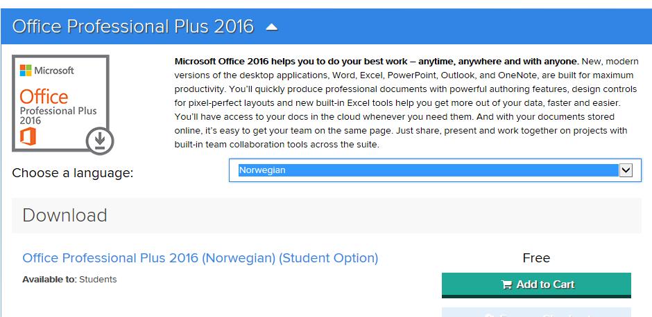 deretter produktet Microsoft Office 2016