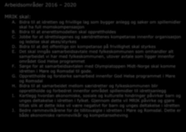 for at allerede eksisterende tilskuddsordninger blir forutsigbare og ved å være frivilligheten sitt talerør i fylket. Arbeidsområder 2016 2020 MRIK skal: A.