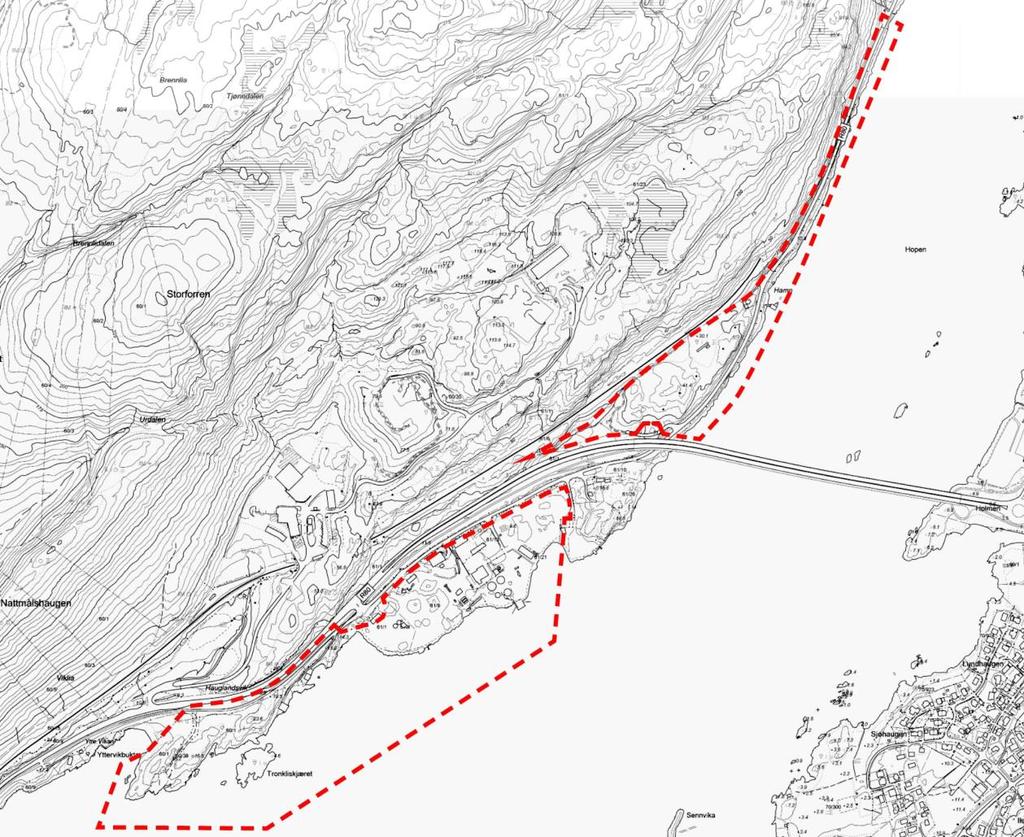 1.5. Planavgrensning Følgende planavgrensning er basert på drøftelser mellom Bodø Kommune, Statens Vegvesen og tiltakshaverne, og følger gjeldende eiendomsgrenser/ reguleringsgrenser langs nedsiden