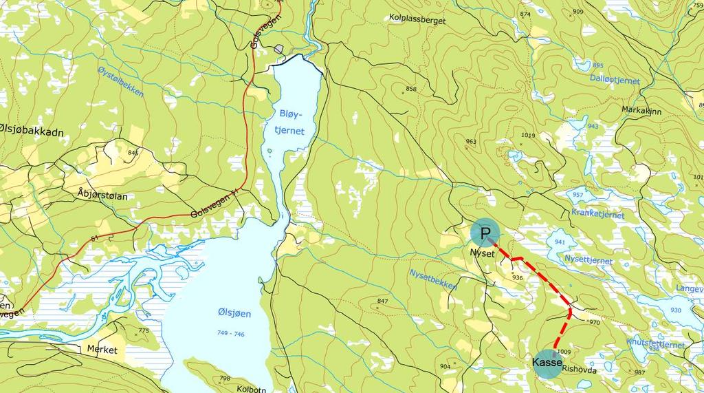 8 Rishøvda (1009 moh) Kjørebeskrivelse: Fra E16, ta av mot Vestringsbygda. Kjør Fylkesveg 262 til Mønin/Mønabrue øverst i bygda (på sørsida av Åbjøra).