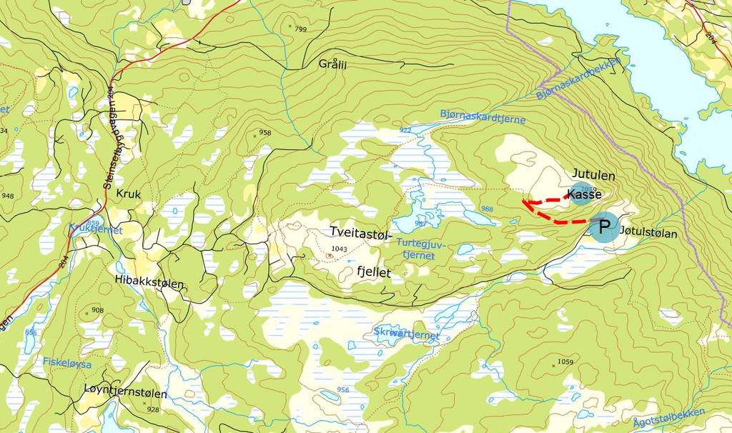 9 Jutulen (1059 moh) Kjørebeskrivelse: Fra E16 ved Fagernes, kjør mot Fagernes lufthavn Leirin, Kjør til Nythun høyfjellstue, og ta av på bomvei til høyre til Jøtulstølen (ca 5,5 km fra bommen).