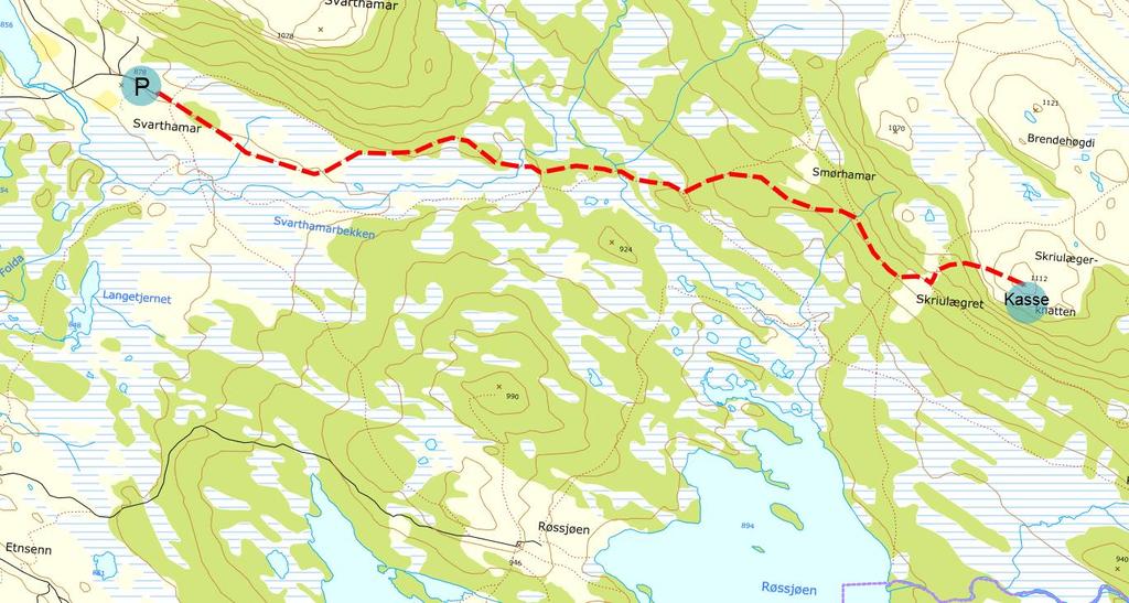 6 Skreolægerkampen (1112 moh) Kjørebeskrivelse: Kjør til Skrautvål og opp til Valdres skisenter, inn på bomveg merka Svarthamar (50,-). Følg stølsveg ca 25 km til DNT-hytta i Svarthamar.