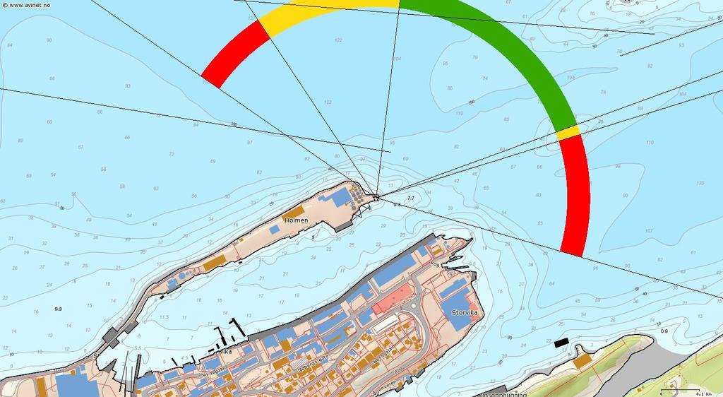 Figur 2.1 Kart over Sandnessjøen havn med Holmen og grunne ( - 7,7 meter) i innseilingen Grunne på -7,7m Kilde: Kystinfo, bearbeidet av Vista Analyse 2.