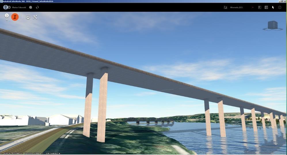 Omfang alt D2: Alternativet krysser Glomma nord for eksisterende bro. Den planlagte broen har tilnærmet samme helning over elven som eksisterende bro og ligger også nærmest parallelt med denne i plan.