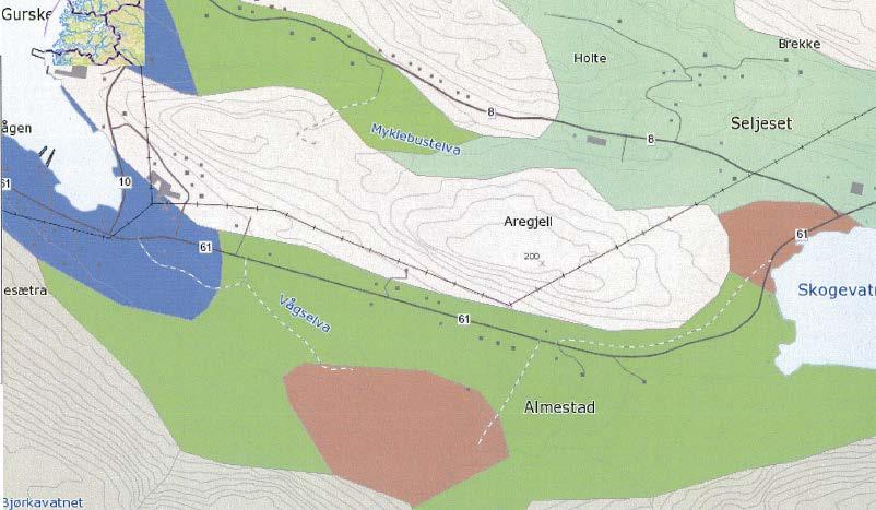 GEOLOGI Området indst i Gurskevågen er på kvartærgeologisk kart frå NGU (Noregs Geologiske Undersøking) markert som marin strandavsetning (= mørk blå), medan delen lengre opp mot Almestad er dominert