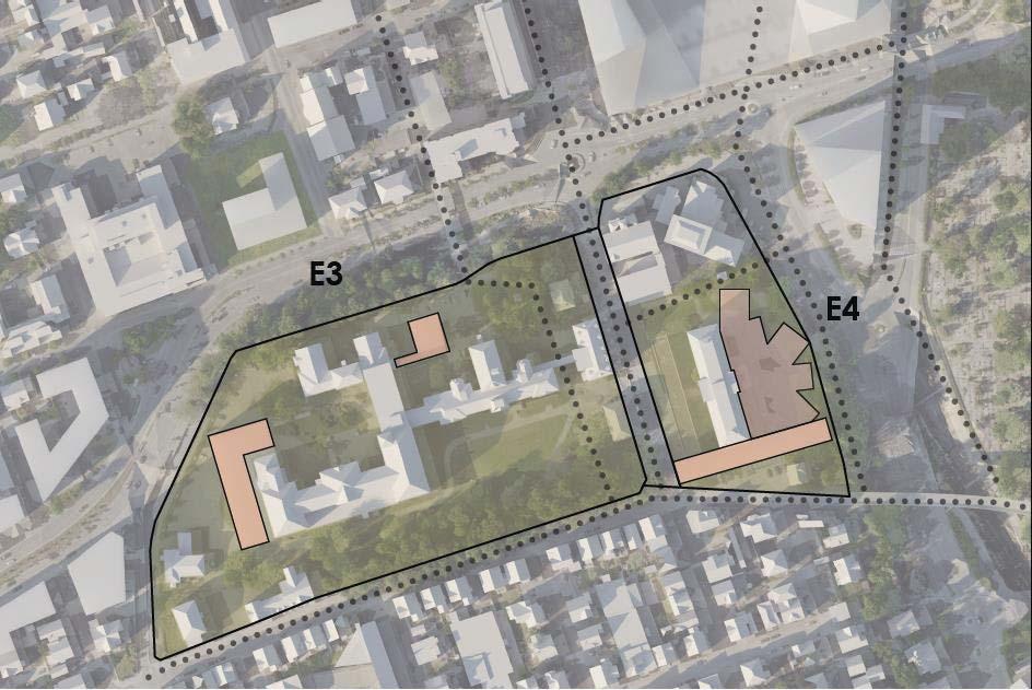 112 bør kompletteres for å kunne tilpasses en framtidig utvikling. Det foreslås å legge ny bebyggelse med parkering i underetasje/under bakken vest for eksisterende bebyggelse.