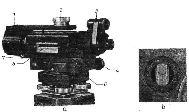 Fig. 12 Nivelul Zeiss 030 cu micrometru optic A nivelul Ni 030; b coincidenţa bulei în câmpul lupei; 1 micrometru optic; 2 tamburul micrometrului optic; 3 lupă de citire; 4 şurub de basculare; 5