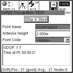 Vor fi afişate urmatoarele Point Name: pozitia punctului care este măsurat Antenna Height: inaltimea antenei Point code: codul punctului GDOP: valoarea GDOP Time at pt, durata stationata pe punctul