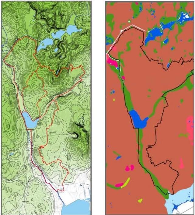 Figur 18. Fra venstre til høyre: terrengforhold, grunnforhold, grunnvannsspeilet, og forurenset grunn er grunnlag for planlegging av tiltak. Slide fra Ole.
