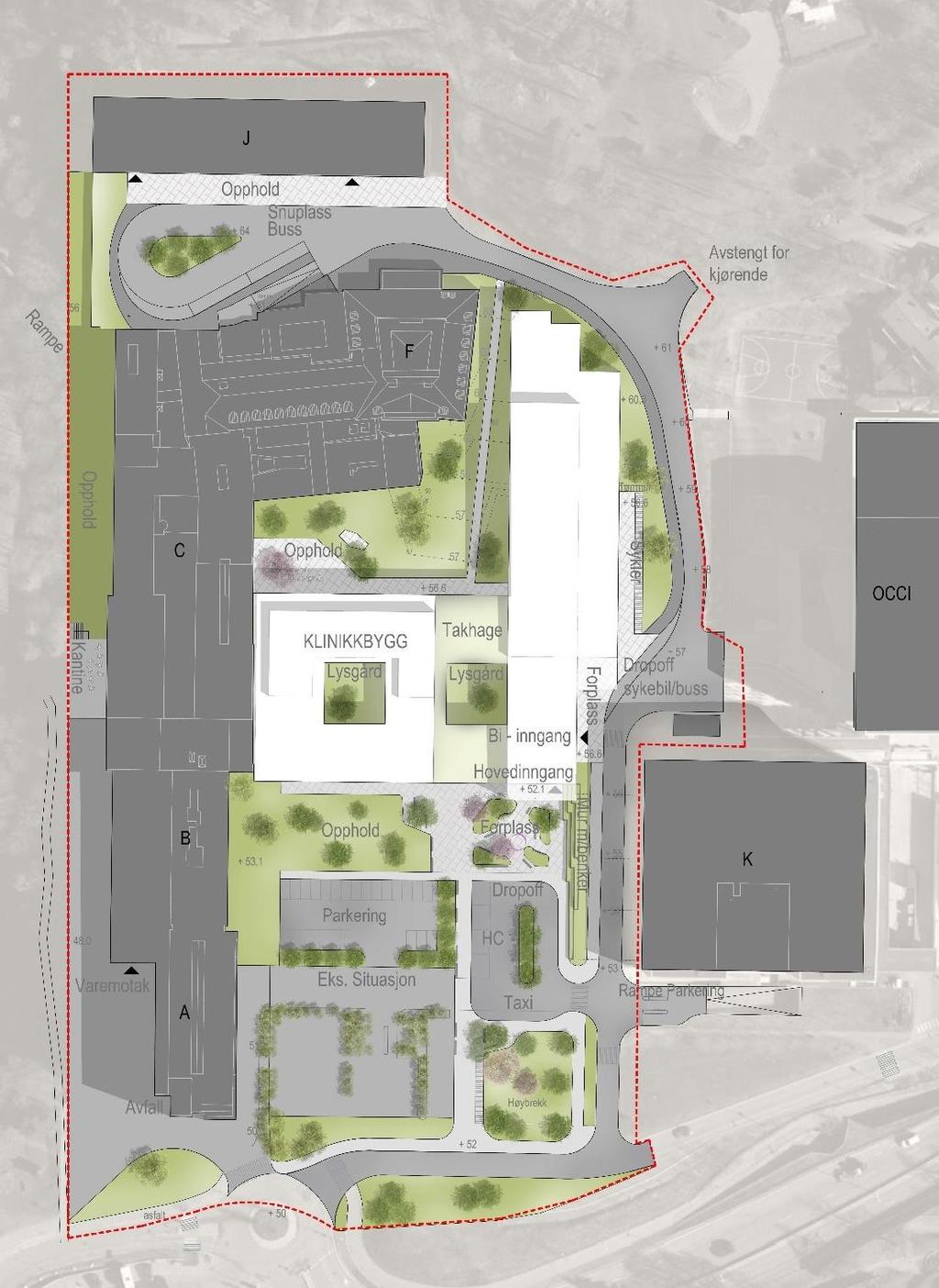 94 Konseptrapport nytt klinikkbygg Radiumhospitalet grønt høydedrag. Høyden fungerer som en tydelig lokal avgrensning og skjerming mot ringveien.