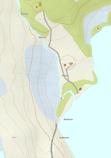 Ny vegtrasè planlegges over/i vestre kant av myr for å skjerme stranda og gi mulighet for kjøring med bil frem til hytte og seter.