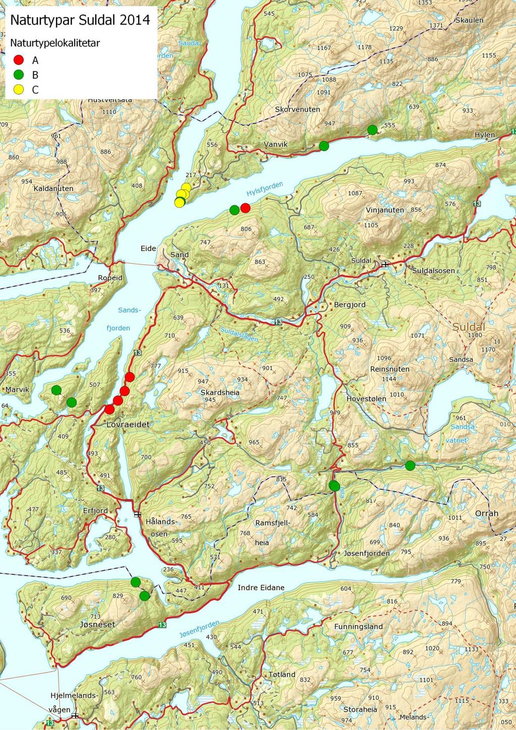 Figur 4: Oversikt over dei 21 lokalitetane som vart kartlagt av