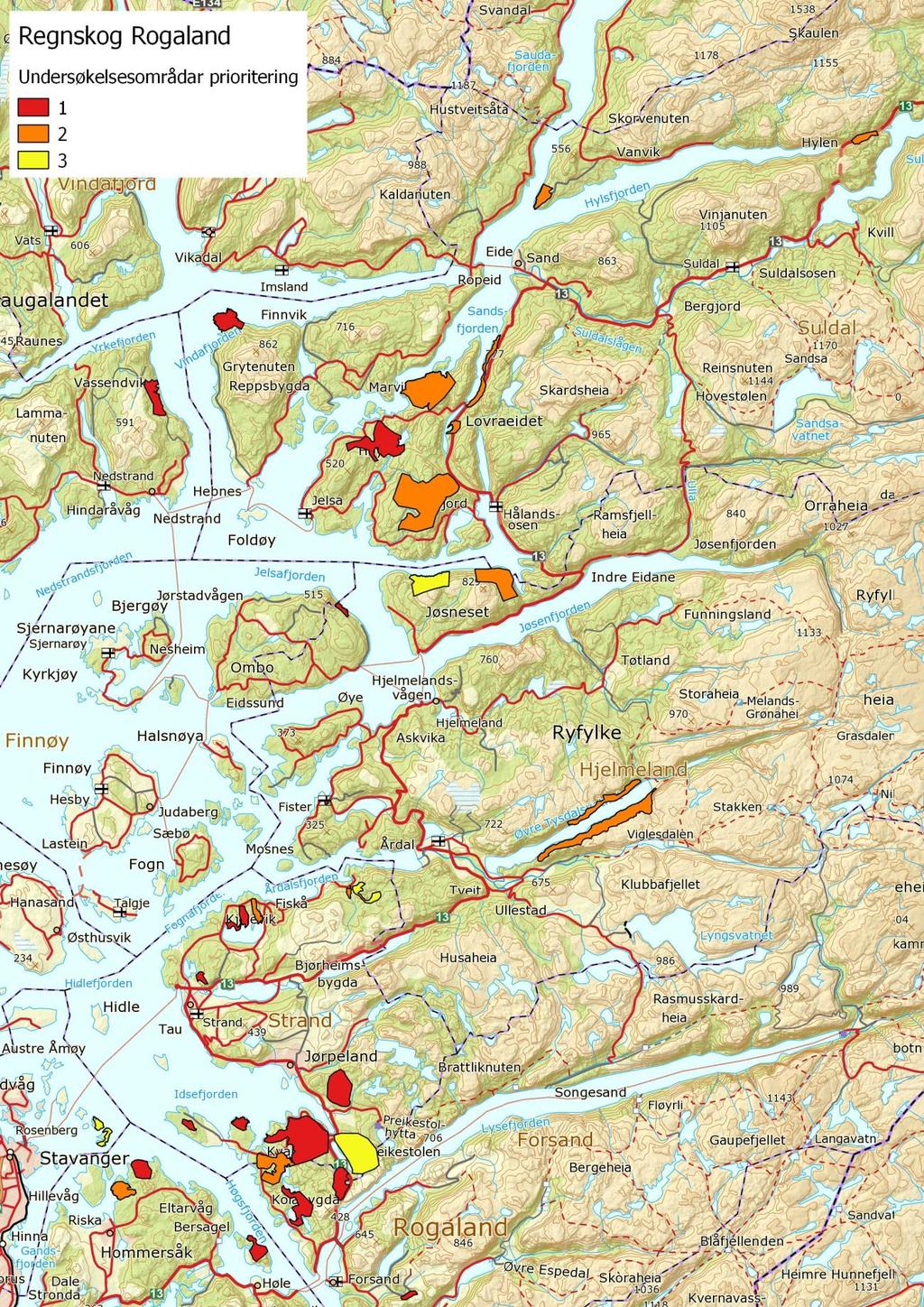 Figur 1: Utgreiingsområde for regnskog i Rogaland.