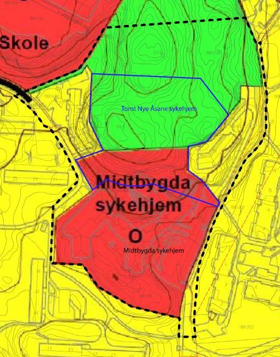 Side 3 av 8 Utsnitt av kommunedelplan for Åsane sentrale deler med påført plangrense ved oppstart av planarbeidet (svart stiplet strek), samt tomt for nye Åsane sykehjem (blå strek) 2.1.