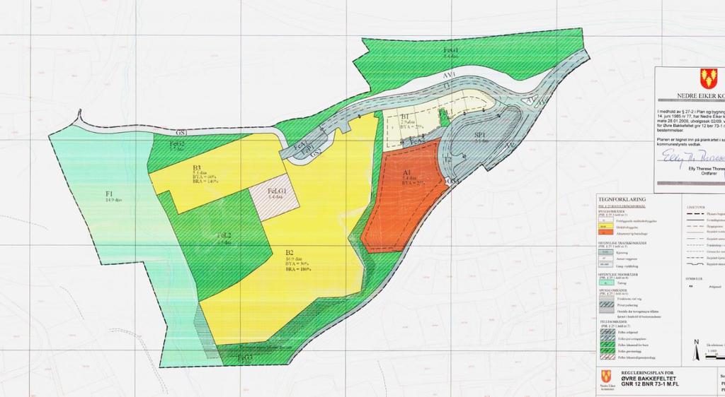 Illustrasjon 3: Reguleringsplan for Øvre Bakkefeltet vedtatt 01.2009. Plankart.