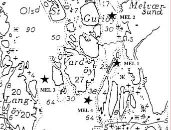 Figur 3. Stasjonene i Melværsund med akvakulturanlegget ved MEL inntegnet. Ingen data fra MEL4. Tabell 3. Indeksverdier for stasjonene i Melværsund. Stasjon H ES SN ISI AMBI NQI NQI2 MEL.44 7.87.