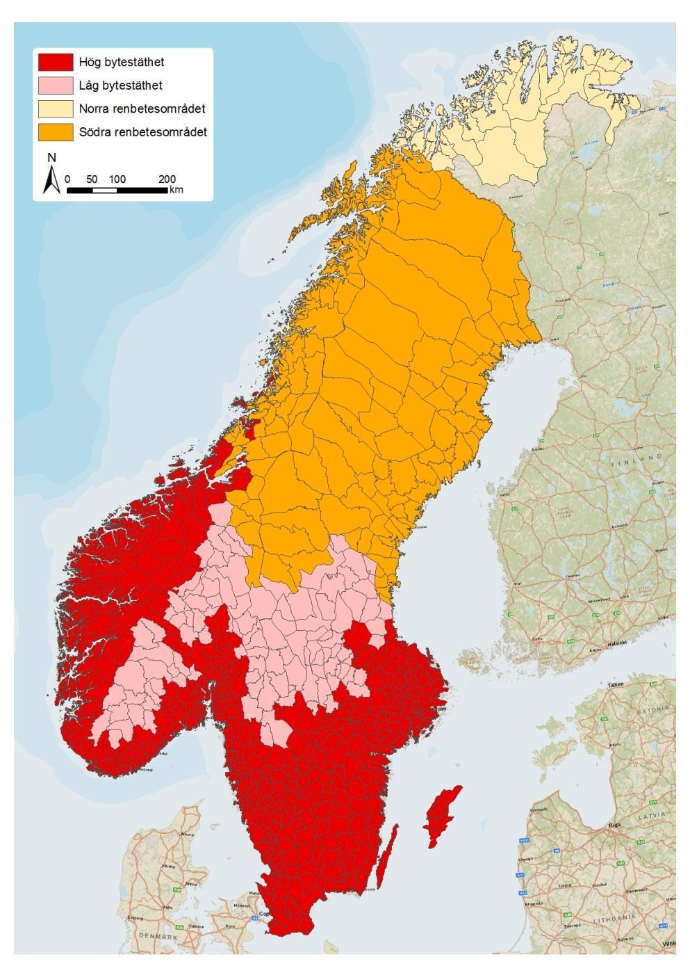 Gaupe Avstandsregler og berekning 4 kategoriar Låg biomasse (<8 kg kjøtt skote/km 2 ) Høg biomasse (>8 kg kjøtt skote/km 2 ) Sørleg reinbeiteområde