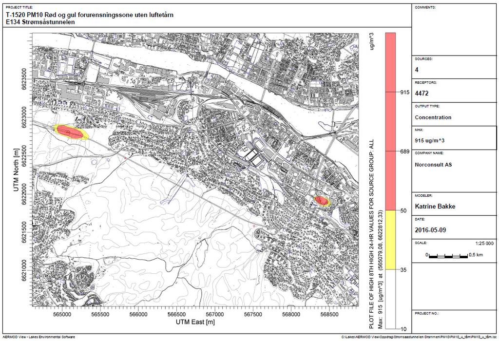 Resultater Det er modellert etter retningslinjen T-1520, og luftsonekartene viser røde og gule luftforurensningssoner. Følsom bebyggelse, som boliger, skoler og barnehager, bør ligge utenfor gul sone.