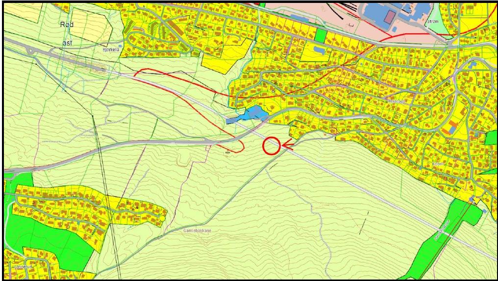 Figur 1: Forslag til plassering av luftetårn ved ny tunnel, utkjøring ved Bangeløkka. Kilde figur: Multiconsult [3].