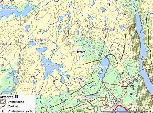 Hjort har beiteområder på begge sider av Fyksesundet i øst og har trekkveier mot vest på tvers av de nedre deler av Øystesevassdraget (figur 6).