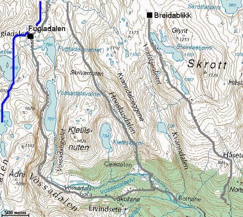 Figur 9. Turløypene i det aktuelle området. Grå ruter markerer sommerstier, mens den blå markerer den kvistete vinterløypen mellom Hamlagrø og Kvamskogen gjennom Fugladalen.