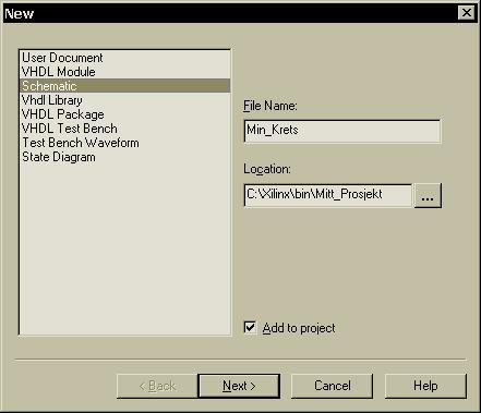 2) Oppretting av skjematikk (ECS) vindu Trykk "Project - New Source" i "Project Navigator" vinduet. Vinduet under skal så dukke opp. Velg "Schematic" og sett inn et navn på kretsen dere skal lage, f.