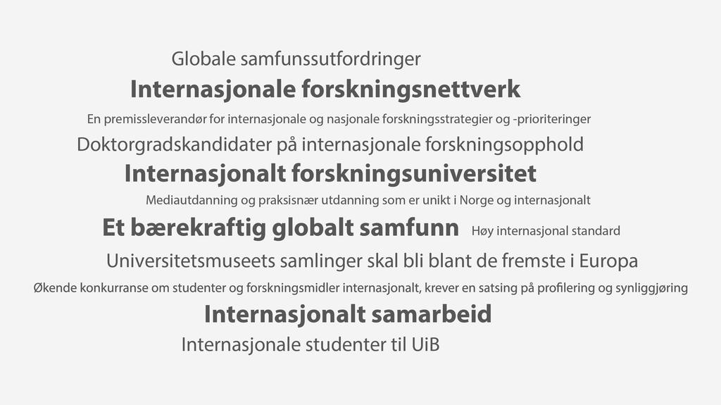 DET SOM SKILLER OSS FRA ANDRE: «DET INTERNASJONALE UNIVERSITET» «Det internasjonale universitet» fremhever den tydelige internasjonale retningen i hovedstrategien «Hav, liv, samfunn»: «UiB skal bygge
