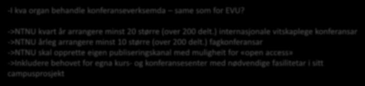 Hovudmål konferanse NTNU skal tiltrekke seg velrennomerte vitenskapelige og faglige konferanser -I kva organ behandle konferanseverksemda same som for EVU?